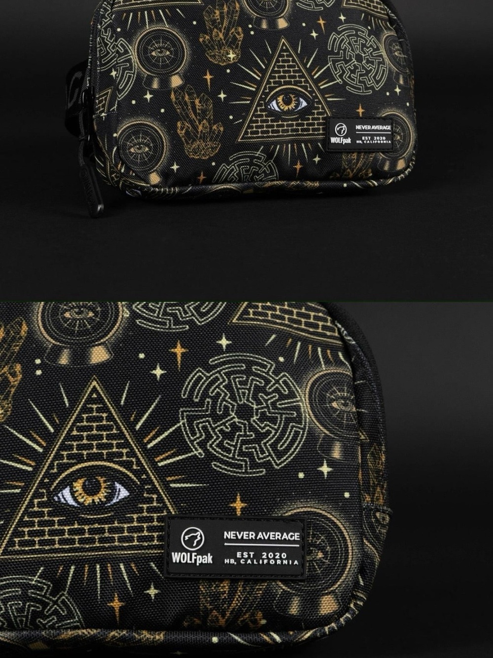 WOLF Black and Gold Symbol Print Belt Bag Illuminati cross body - Picture 2 of 4